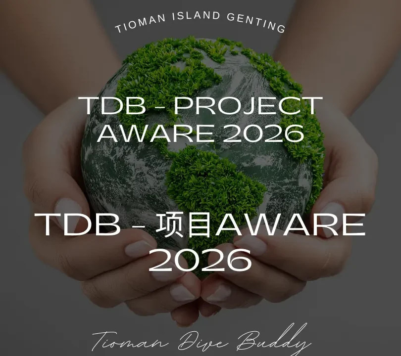 AWARE 2026 event banner featuring divers at Tioman Dive Buddy in Kampung Genting.
